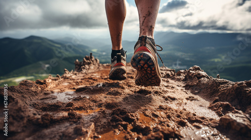 Hiker legs hiking on seaside mountain peak rock in summer