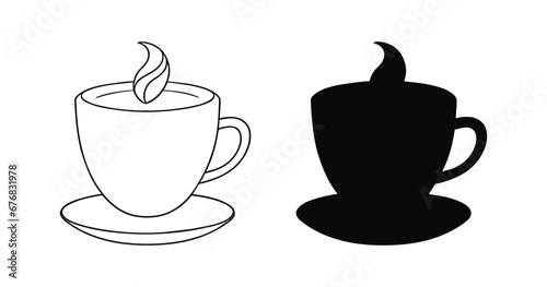 A mug of hot drink  tea  coffee  cappuccino  hot chocolate. Cup with handle on saucer with steam. Drinkware. Silhouette and outline illustration. Icon. Black and white vector isolated on white.
