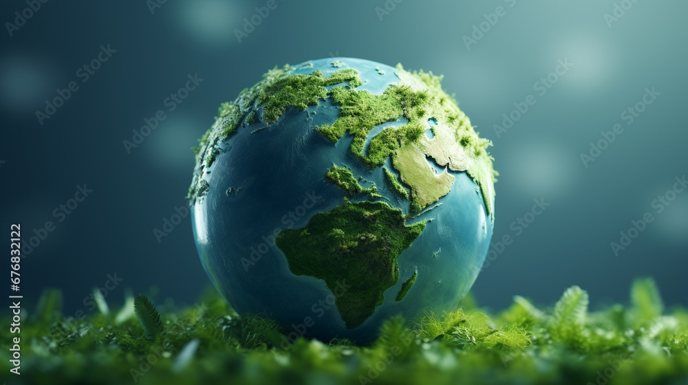 Planet earth on green grass with bokeh background. 3d render