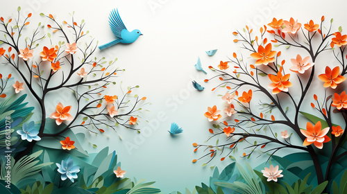 Spring background with flowers and birds. Paper cut style