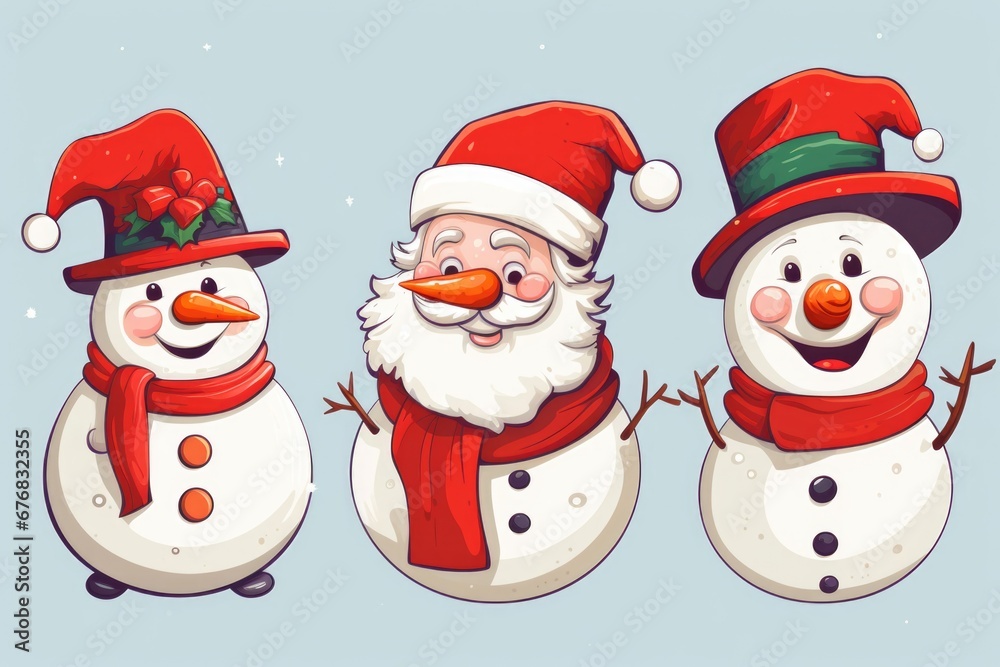 Three snowmen wearing hats and scarves. Ideal for winter-themed designs and holiday decorations. Three snowmen wearing hats and scarves. Ideal for winter-themed designs and holiday decorations.