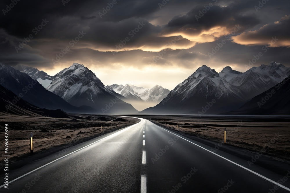 Empty road leading into mountains and clouds, mountain roads nature landscape background
