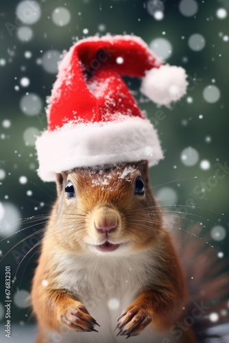 A cute squirrel wearing a festive Santa hat against a snowy background. Perfect for holiday-themed projects and Christmas-related designs.