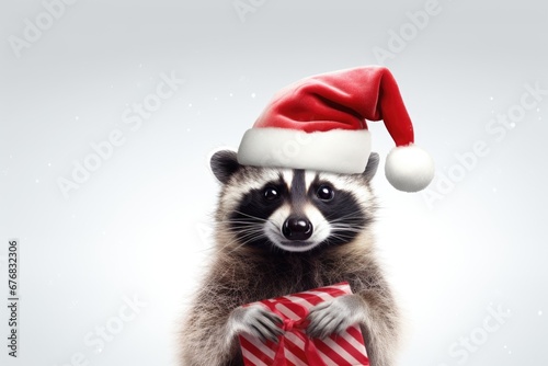 A cute raccoon wearing a Santa hat holds a present. Perfect for holiday-themed designs and Christmas greetings.