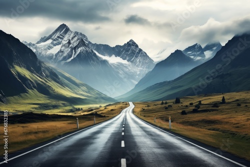 Empty road leading into mountains and clouds, mountain roads nature landscape background 