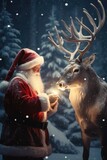A man dressed in a Santa suit is seen feeding a reindeer. This image can be used to depict the festive holiday season and the interaction between humans and animals.