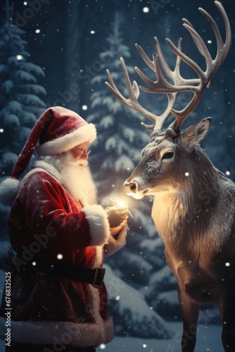 A man dressed in a Santa suit is seen feeding a reindeer. This image can be used to depict the festive holiday season and the interaction between humans and animals.