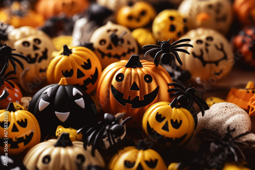 A warm Happy Halloween greeting using common seaonal colors and and icons such as yellow and orange and bats and spiders photo