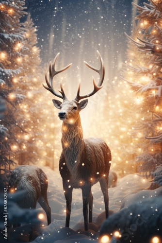 A serene image capturing a deer standing in the middle of a snowy forest. Perfect for nature-themed projects or winter-related designs.