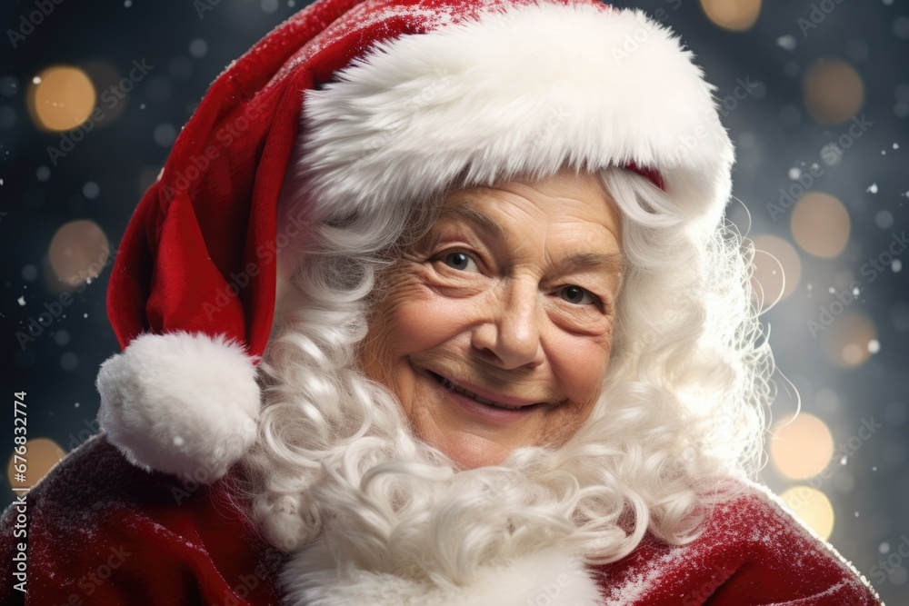 A woman dressed in a Santa Claus costume. Perfect for holiday events and Christmas celebrations. A woman dressed in a Santa Claus costume. Perfect for holiday events and Christmas celebrations.