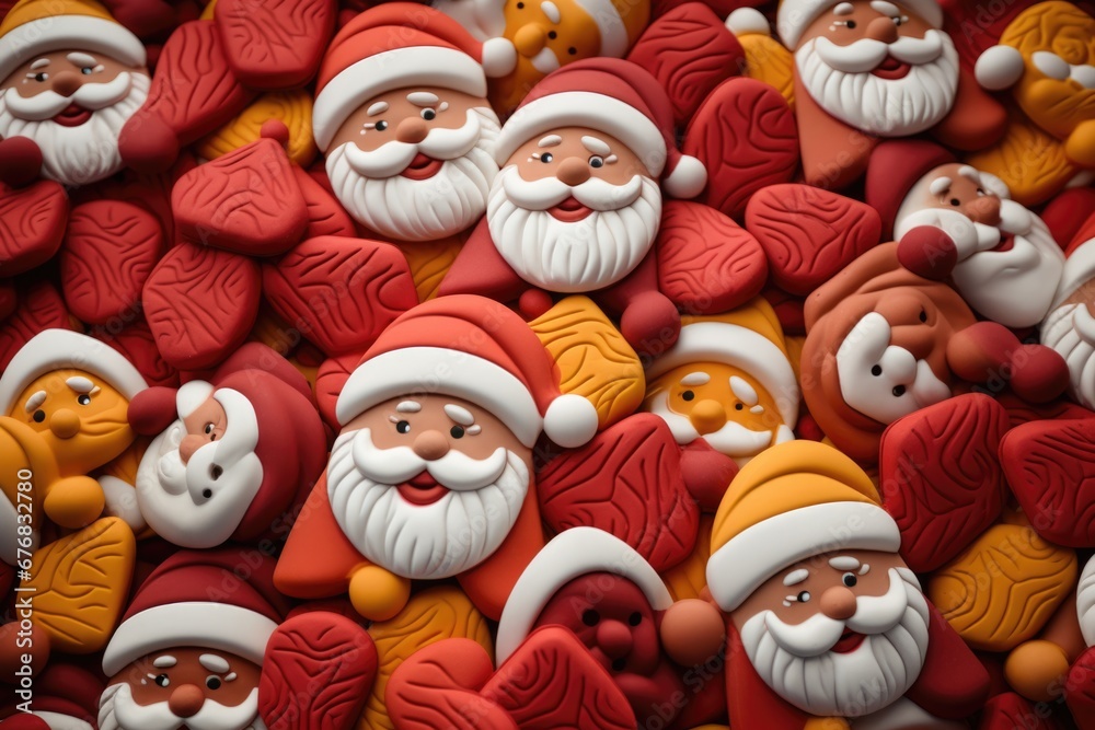 A large pile of Santa Claus buttons. This image can be used for various holiday-themed designs and crafts