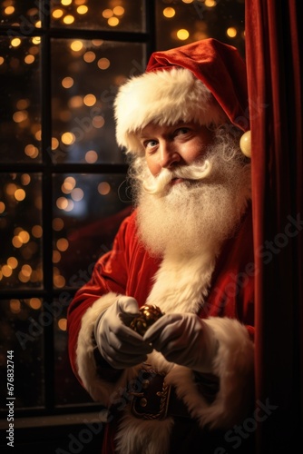 A man dressed as Santa Claus holding a bell. Perfect for holiday-themed projects and Christmas promotions.