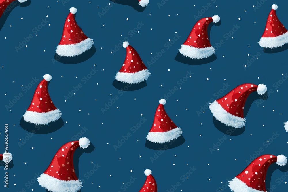 A group of red and white Santa hats on a blue background. Perfect for holiday-themed designs and Christmas promotions