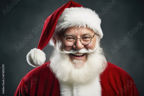 A man dressed in a Santa Claus suit and wearing glasses. This picture can be used for Christmas-themed designs or holiday promotions