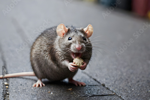 dirty fat rat on street eating food scraps 