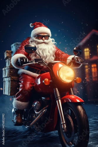 Santa Claus is riding a motorcycle in the snow. This image can be used to depict a unique and adventurous Santa Claus delivering gifts in a snowy environment © Fotograf