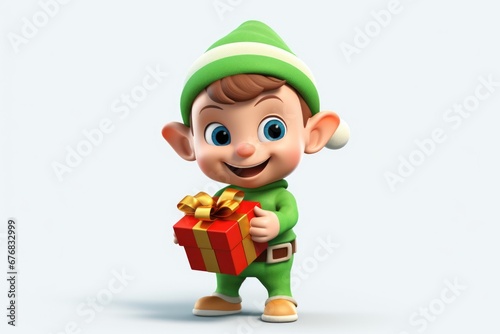 A cute cartoon elf holding a brightly wrapped gift box. Perfect for holiday and celebration themed designs