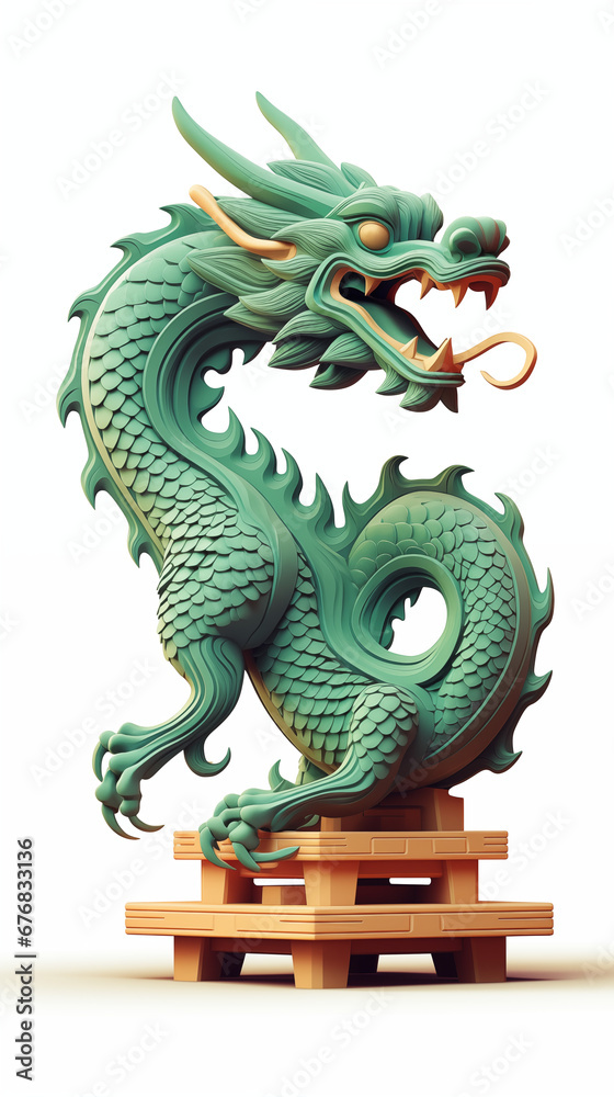 Fototapeta premium Green dragon statue isolated on white background. Cartoon style illustration. Happy Chinese New Year 2024. Poster with a green wooden dragon.