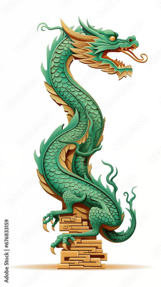 Fototapeta premium Green dragon statue isolated on white background. Cartoon style illustration. Happy Chinese New Year 2024. Poster with a green wooden dragon.
