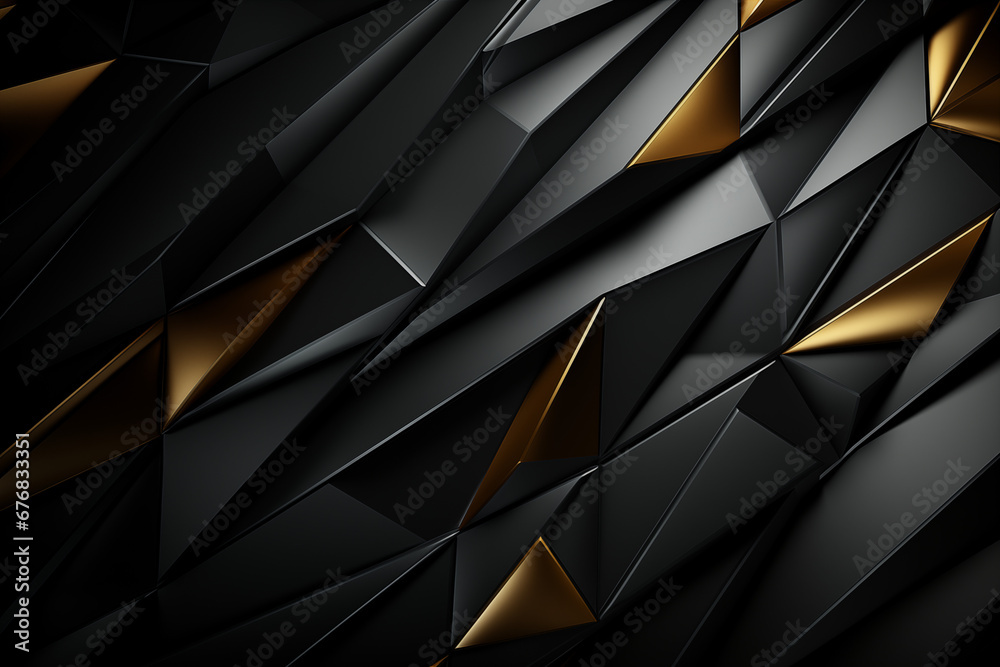 An abstract, geometric pattern featuring glossy black and matte gold triangular facets, artistically arranged to create a dynamic and luxurious three-dimensional effect. - obrazy, fototapety, plakaty 