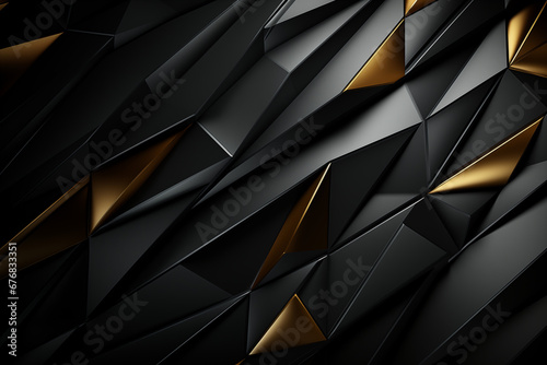 An abstract, geometric pattern featuring glossy black and matte gold triangular facets, artistically arranged to create a dynamic and luxurious three-dimensional effect.