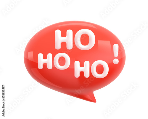 Ho Ho Ho! Quote. Trendy white glossy 3D lettering text phrase on red Speech Bubble. Modern Logo for print and advertising. Santa Claus, Christmas, Xmas, New Year design. Cartoon 3d vector graphics