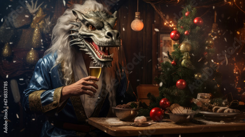 Man in a Chinese dragon mask with a glass of champagne against a Christmas background. Symbol 2024