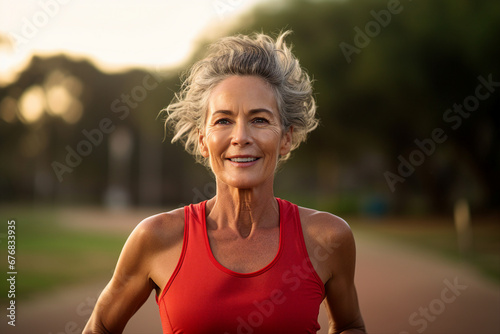Portrait of middle aged active sporty person running jogging workout sunny morning in the park generative AI concept