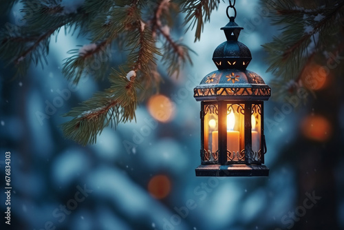 Christmas Lantern Hanging At Fir Branches In Cold Evening © Fabio