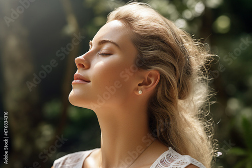 Mindfulness stress releasing concept young woman practicing meditation close with nature Generative AI portrait