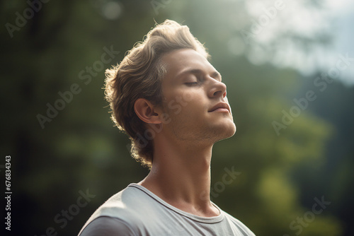 Mindfulness stress releasing concept young man guru practicing meditation close with nature Generative AI portrait