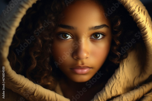 Young african girl enjoying wrapped in warm soft blanket Generative AI content