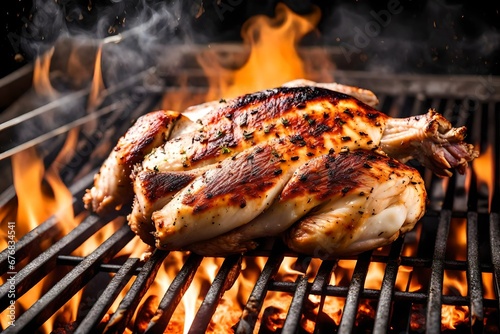 A juicy chicken being flame-cooked on an outdoor bbq grill.