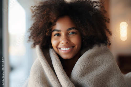 Generative AI closeup portrait comfort content concept young person wrapped in warm laundry blanket photo