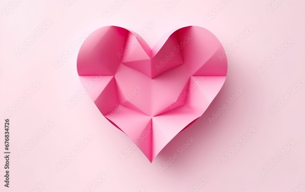 Big pink paper heart isolated on pink background. Adorable crumpled origami object. Valentines day, engagement or wedding party poster. AI Generative