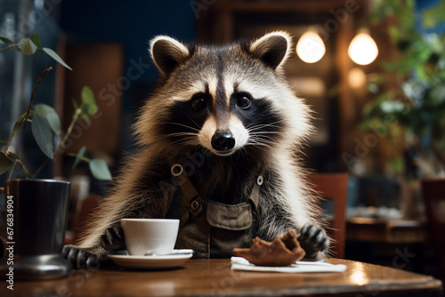 Humorous raccoon with his morning coffee sitting table in city cafeteria Generative AI