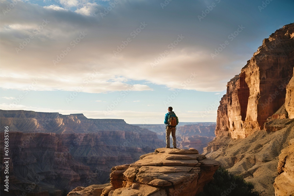 Adventurous Hiker Gazing at Grand Canyon from Cliff Edge Adventurous Hiker Gazing at Grand Canyon from Cliff Edge