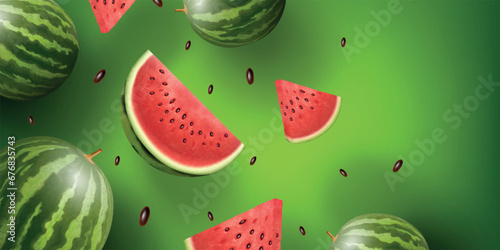 Watermelon background. Melon slice and whole, fruit pattern for juice and ice-cream, water melon fruity summer yummy flavour. Horizontal banner, isolated elements. Vector design, template