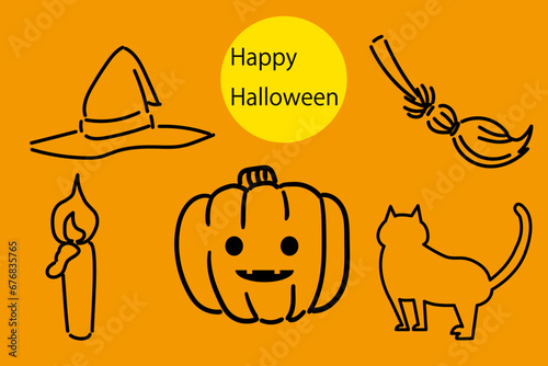 ハロウィンのかわいい手描きイラストセット　線画