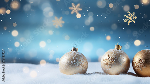  christmas decoration with christmas balls on the ground in front of a bokeh background with golden lights