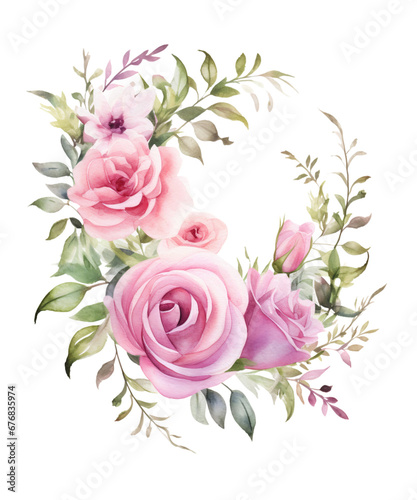 Watercolor Roses and Greenery Wreaths Clipart, Roses and Greenery Wreaths Sublimation Artt, Transparent Background, transparent PNG, Created using generative AI