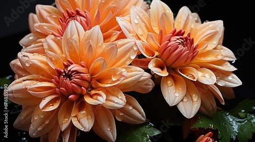 Beautiful orange dahlia flowers on black background  closeup. Mother s day concept with a space for a text. Valentine day concept with a copy space.