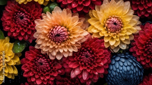 Colorful chrysanthemums with water drops on black background. Mother's day concept with a space for a text. Valentine day concept with a copy space.
