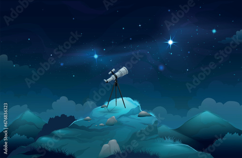 Space telescope. Stars and planets observing. Looking at starry sky and milky way at night. Astronomy research. Galaxy landscape. Magnification equipment. Vector cartoon background