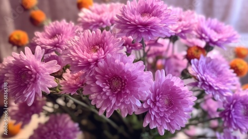 Bouquet of purple chrysanthemums in vase. Mother s day concept with a space for a text. Valentine day concept with a copy space.