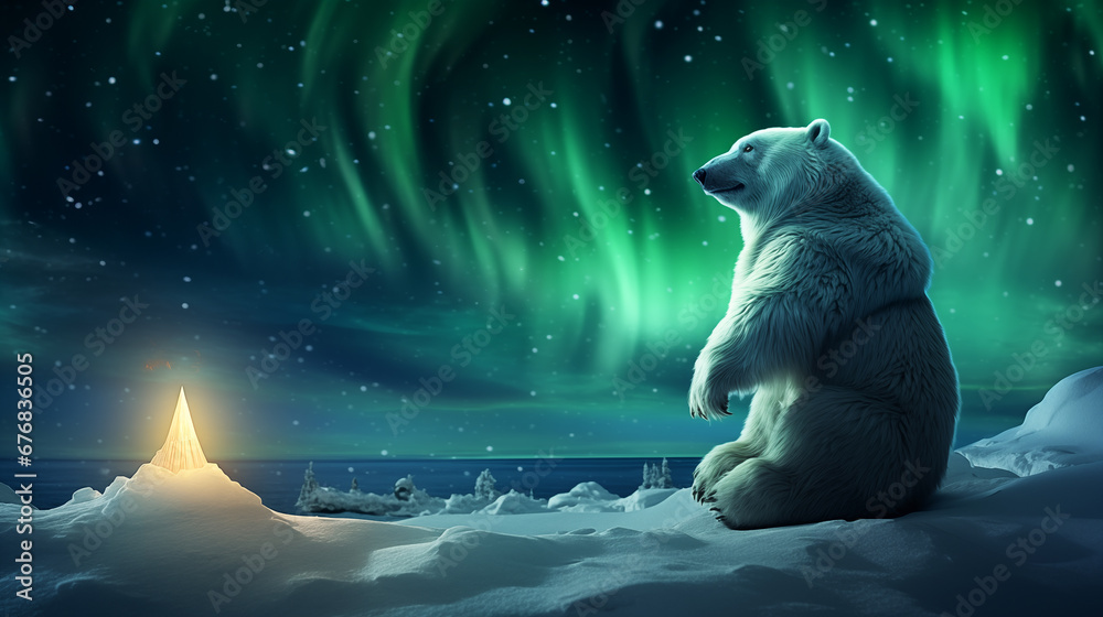 Obraz premium A fat polar bear sits in the middle of the snowy night tundra next to a glowing lantern and watches the northern lights.