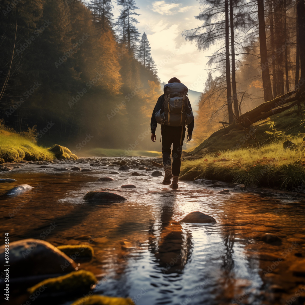 person walking in the river, Generative AI
