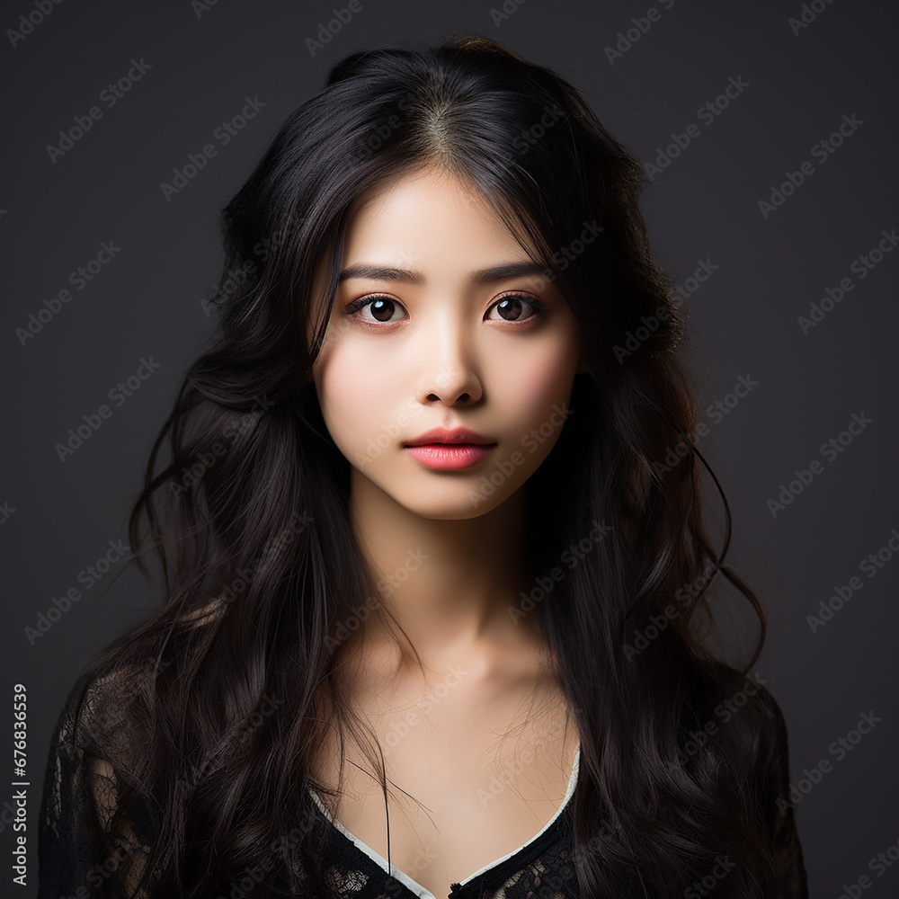 Fototapeta premium Portrait of a Japanese Lady with black long hair isolated on dark background