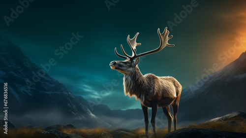 Beautiful deer with big antlers on a mountain landscape background with beautiful lighting