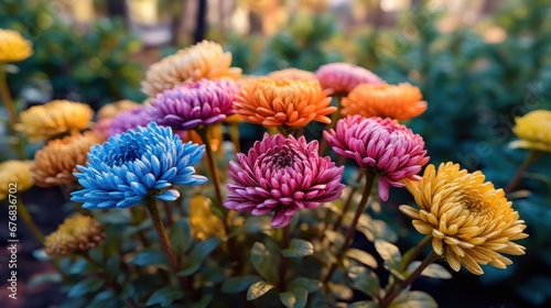Colorful chrysanthemum flowers in the garden. Mother s day concept with a space for a text. Valentine day concept with a copy space.